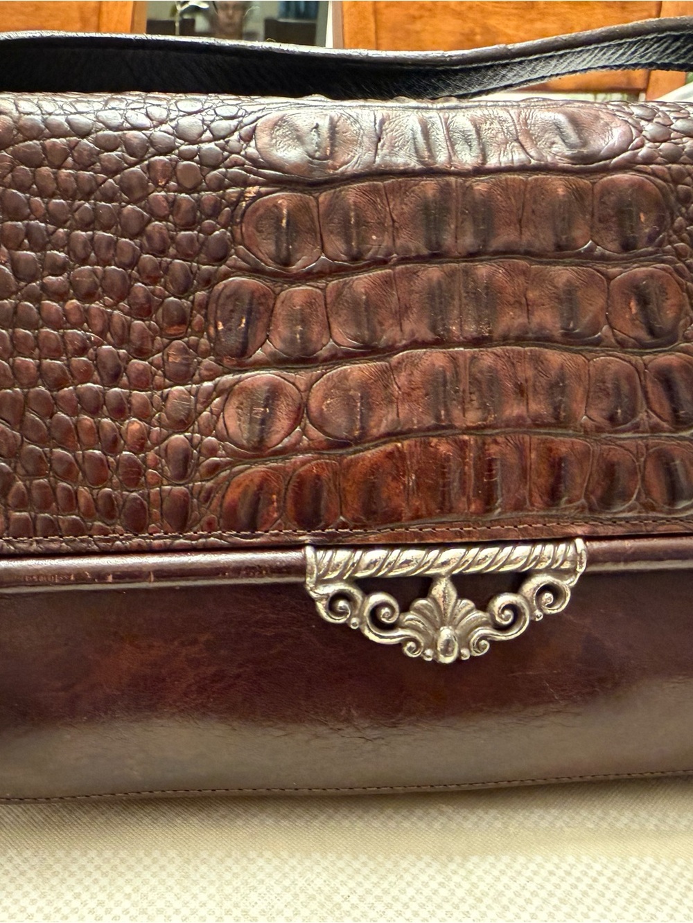 Brighton Brown Croc-Embossed Satchel with Silver-Tone Filigree Accent